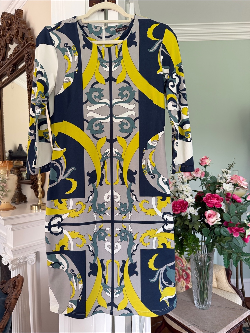 J. McLaughlin Navy, Yellow & Gray Printed Midi Dress